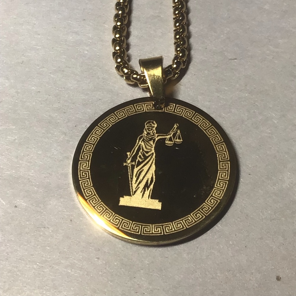 LADY JUSTICE or DIKE GREEK GODDESS gold color stainless steel necklace mytho…